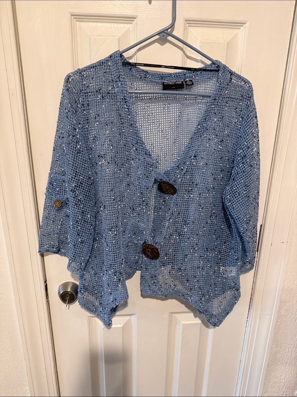 Nina Leonard Dusty Blue Open-Knit Button Cardigan
